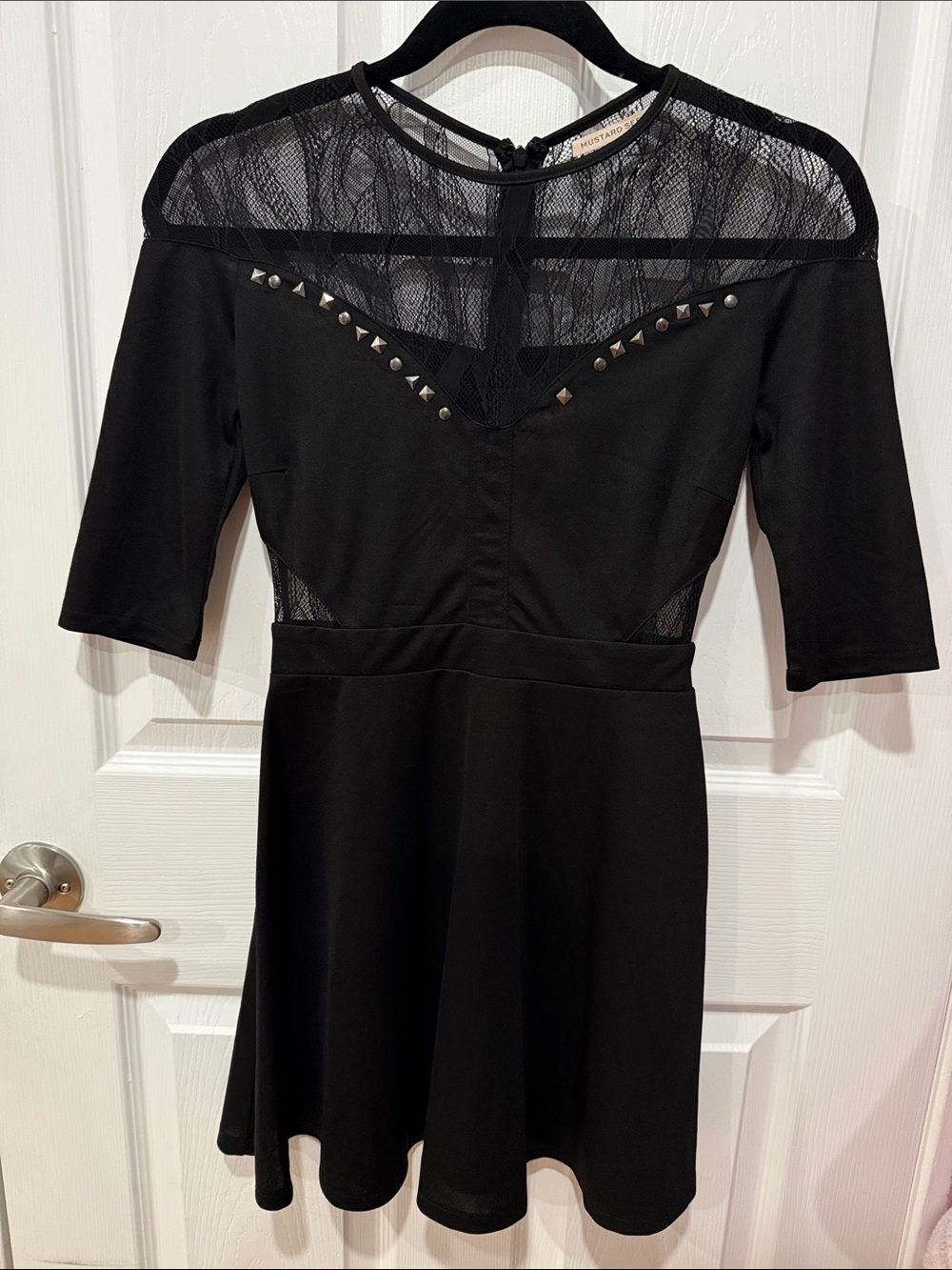 Mustard Seed Black Lace Yoke Studded Fit & Flare Dress